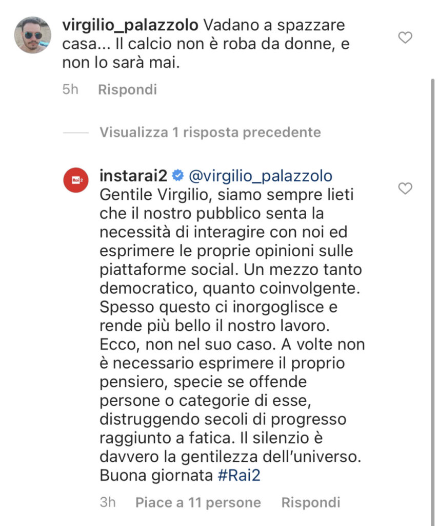 La risposta dell'account Instagram di Rai 2 a un hater del calcio femminile