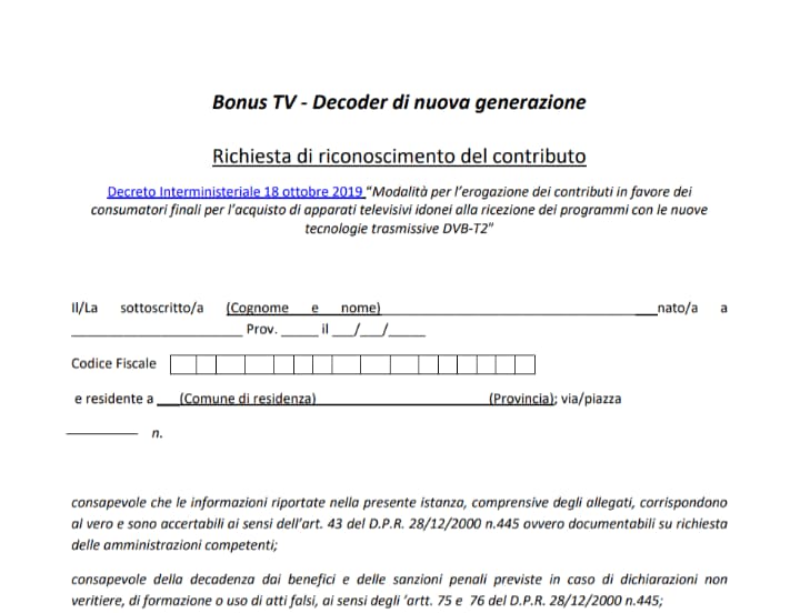 Il modulo per richiedere il bonus TV 2021