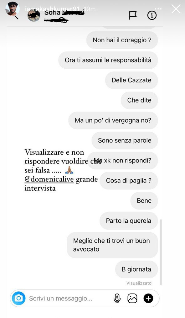 Storia Instagram del profilo di Akash che fa partire querela dopo Domenica Live