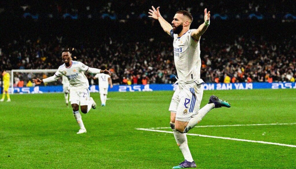 Karim Benzema esulta per il gol contro il Chelsea ai quarti di finale di Champions League
