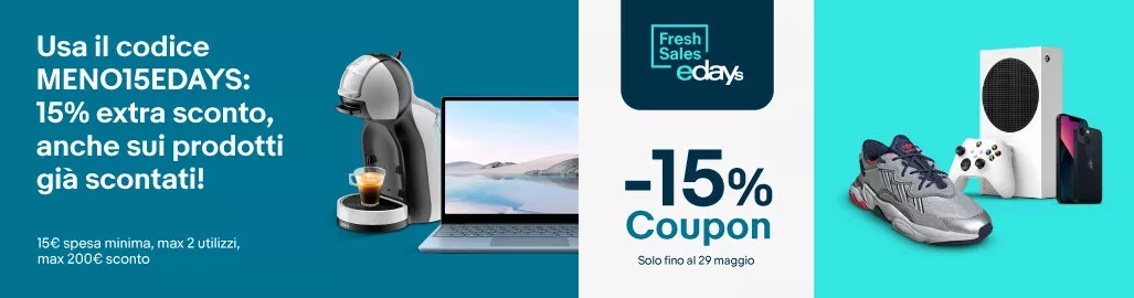 eBay: extra sconto del 15% con il codice MENO15EDAYS