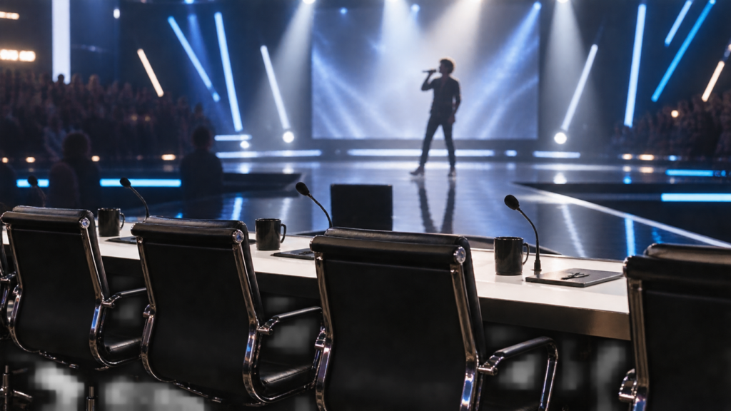Concorrenti e giudici sul palco di X Factor.