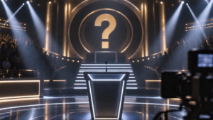 Presentatore caotico nel quiz show distopico Quiztopia.