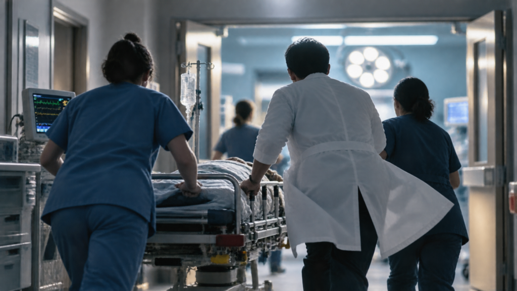 Cast of The Trauma Code in emergency room